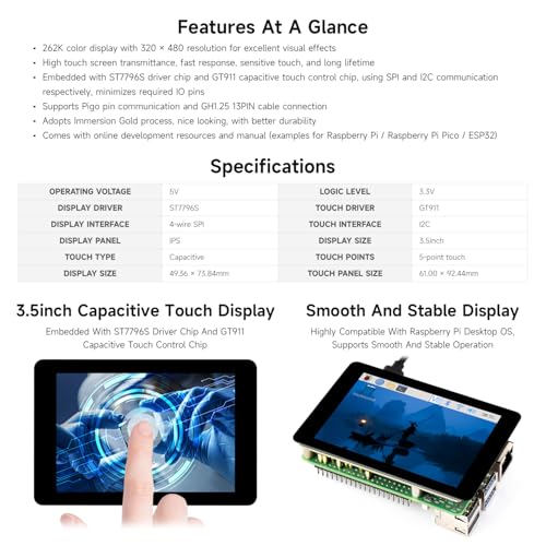 Image of Waveshare 3.5inch Capacitive Touch Display, Compatible with Raspberry Pi 5 /4B /3B, Pi Pico, IPS Panel, 320x480, 5-Point Touch, Immersion Gold Process, Toughened Glass Panel