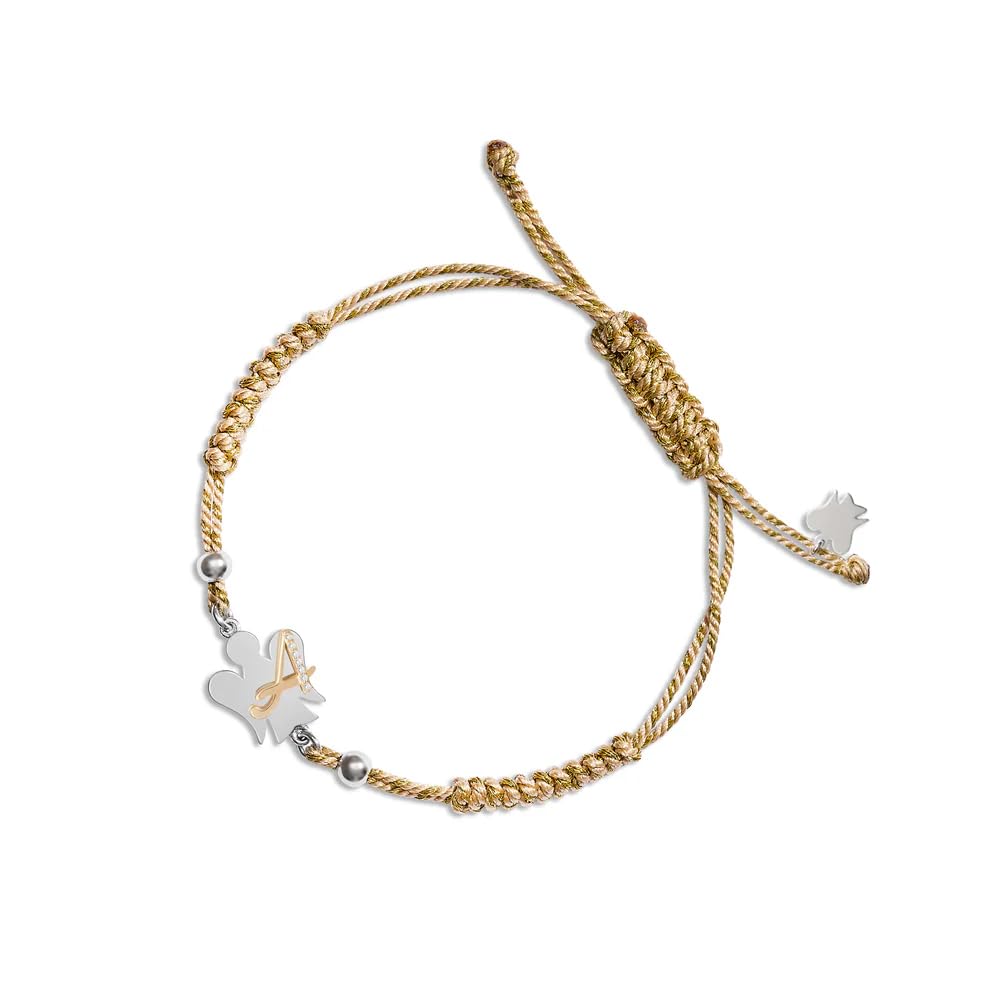 Bracciale con cordino regolabile beige e oro | Angelo e lettera in argento | L'alfabeto degli Angeli | Roberto Giannotti (L)