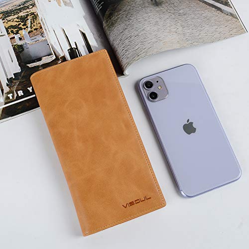 Image of VISOUL Leather Checkbook Cover Wallet for Men with RFID Blocking, Mens Long Bifold Cash Tall Wallet with 11 Credit Card Slots 1 ID Window (Tan)