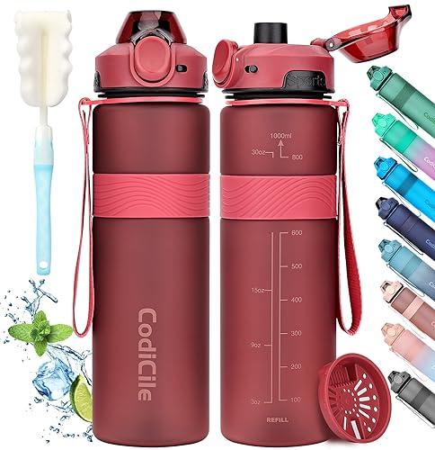 CodiCile Trinkflasche, BPA-frei, 1 Liter Trinkflasche Sport Auslaufsichere, Große Wasserflasche 1L Ideal für Fitnessstudio, Schule, Büro und Reisen (Rot)