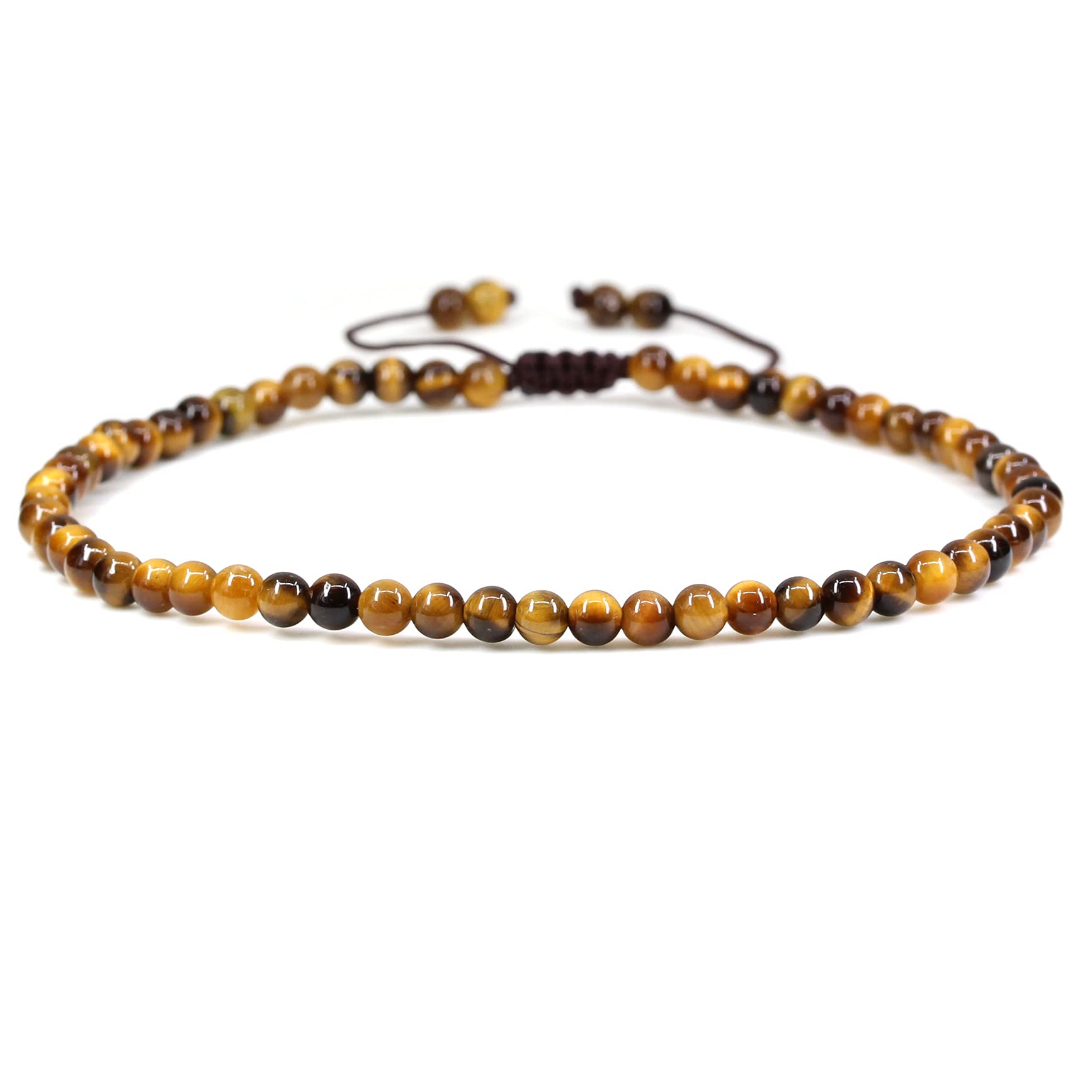 Keleny Natural Gemstone 4mm Round Bead Charm Stretch Anklet for Women Brown Rope Adjustable 8.6-11 Inch