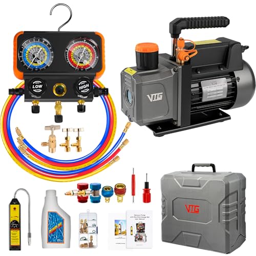 VTG VOGTEN R1234yf AC Vacuum Pump and Gauge Set 4.5CFM Vacuum Pump Manifold Gauge Kit for Auto HVAC Compatible with R1234yf R404a R134a Includes Leak Detector R1234yf Can Tap Quick Coupler Adapters