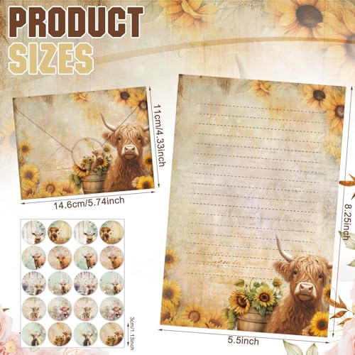 Image of TaoBary 160 Pcs Floral Highland Cow Stationery Paper and Envelopes Set