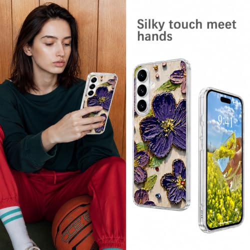 Image of Elzzi Compatible with Samsung S26 Case Laser Flower Oil Painting Cute Colorful Blue Ray Bumper with Full Camera Protection Shockproof PC+TPU Glossy Shiny Cover for Girls Women, Purple
