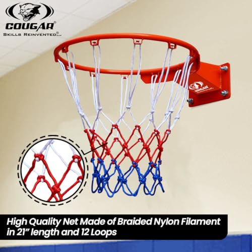 Image of COUGAR Dunking Basketball Ring Pair with Multicolor Net Standard Wall Mounted Basketball Hoop Net 20mm Solid Steel 3 Springs Powder Coated Outdoor Goal Sports Play Ring