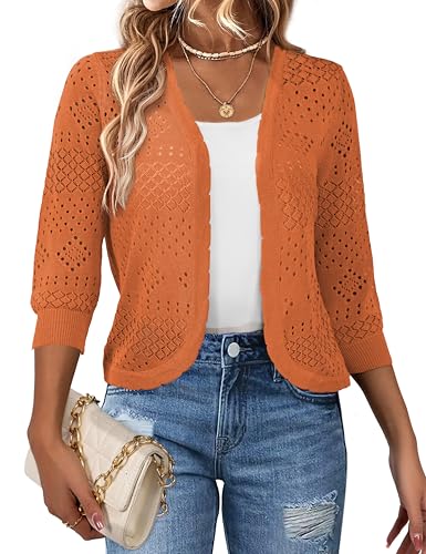 Image of REDHOTYPE Women's 3 /4 Sleeve Cardigan Open Front Cropped Shrugs Summer Hollowed Lightweight Cardigans Sweater (S-XL)
