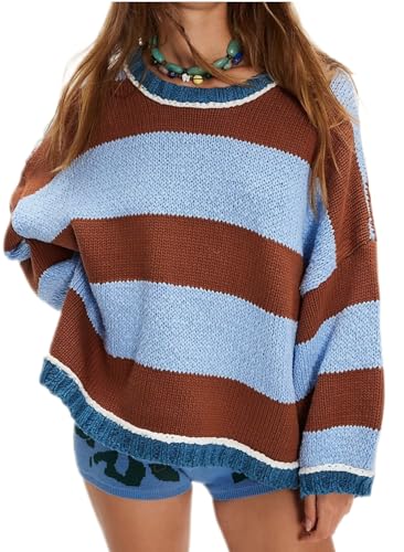 Women's Fall Long Sleeve Sweaters Striped Color Block Chunky Knit Crew Neck Oversized Loose Pullover Sweater