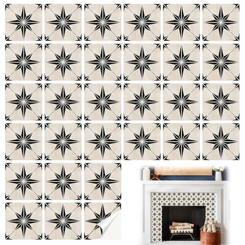 JOZMMZEOOA Azulejos Adhesivos Baño 30 Pzs Baldosas Adhesivas 10×10CM Pared Estrella Octagonal en Estrella Negra Cenefa Adhesiva Cocina, Adecuadas para Baño, Pegatinas