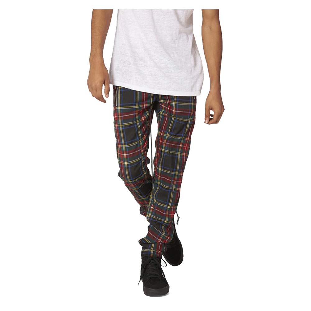 HANGJIAMens Scottish Plaid Joggers Lattice Track Pants Ankle Strap Zipper Mesh Stretch Waist