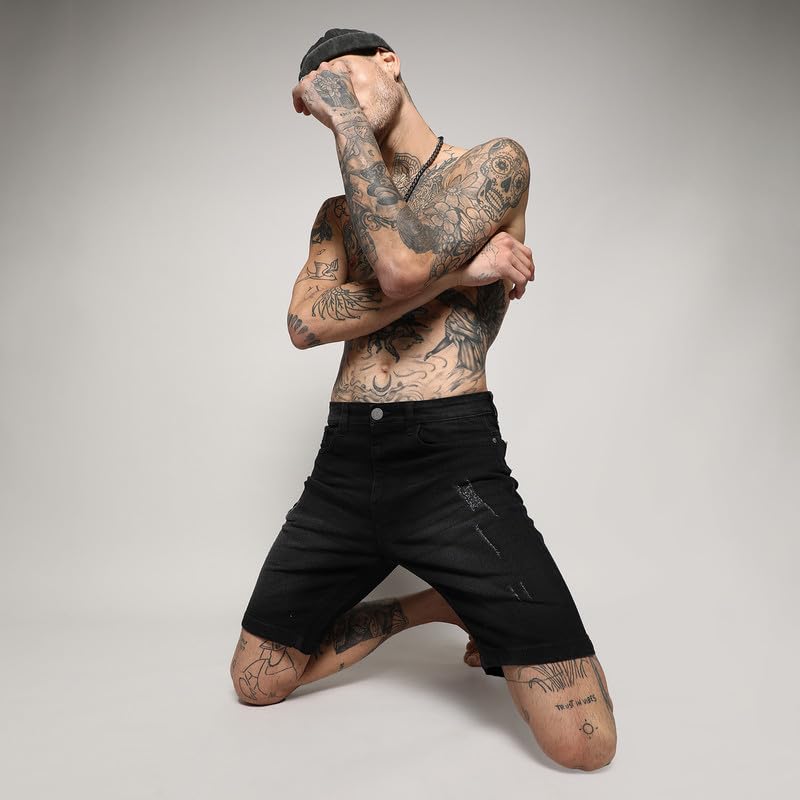 Image of CAHOOT Men's Side-Striped Denim Shorts for Casual Wear | Dark-Wash | Regular Fit | Button Closure | Denim Shorts Crafted with Comfort Fit for Everyday Wear