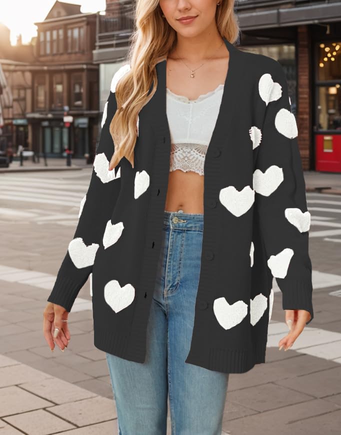 Image of Women Love Heart Graphic Oversized Sweaters Valentine Cute Cardigan Open Front Button Kawaii Preppy Aesthetic Clothes