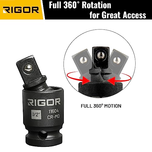 Rigor 11601 Universal Joint Swivel Socket Adapter Set | 3Pcs, 1/2", 3/8", 1/4" Drive | Cr-Mo Impact Grade | Aluminum Storage Rail #TOP2