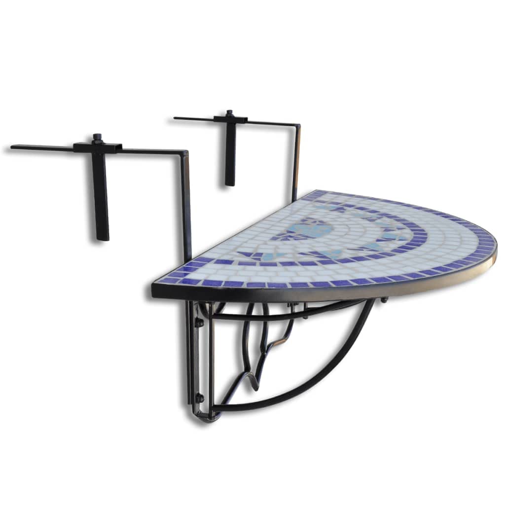 vidaXL Table Suspendue de Balcon Bleu et Blanc Mosaïque