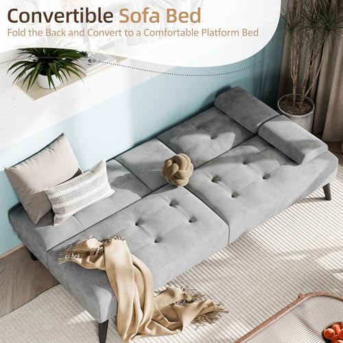 Image of Shintenchi Futon Sofa Bed, Velvet Foldable Couch, Reclining Sleeper with Removable Armrests, Upholstered Loveseat Sofa Couch with Folding Cup Holders for Home, Office, Light Gray