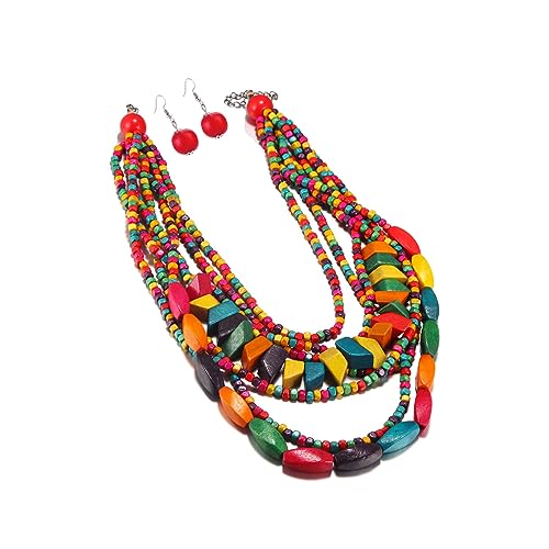 COLORFUL BLING Handmade Multi-Layer Chunky Wooden Beads Bib Necklace Earrings Set African Statement Collar Choker Multi Strand Necklace Boho Jewelry-irregular long
