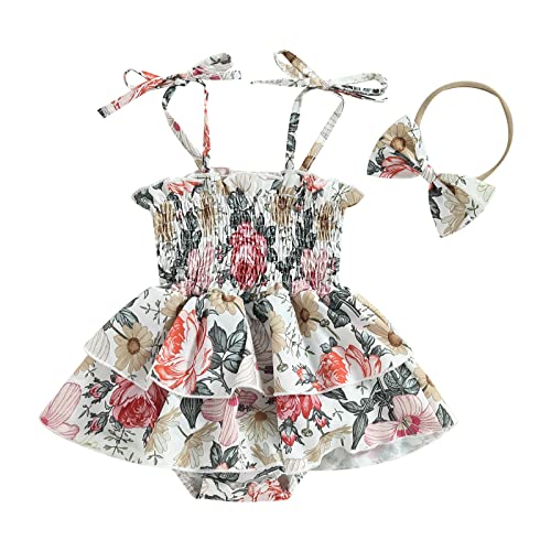 Image of Infant Baby Girls Romper Dress 3 6 9 12 18 Months Onesie Short Sleeve Ruched Jumpsuits Skirts Hem Bodysuits Headband