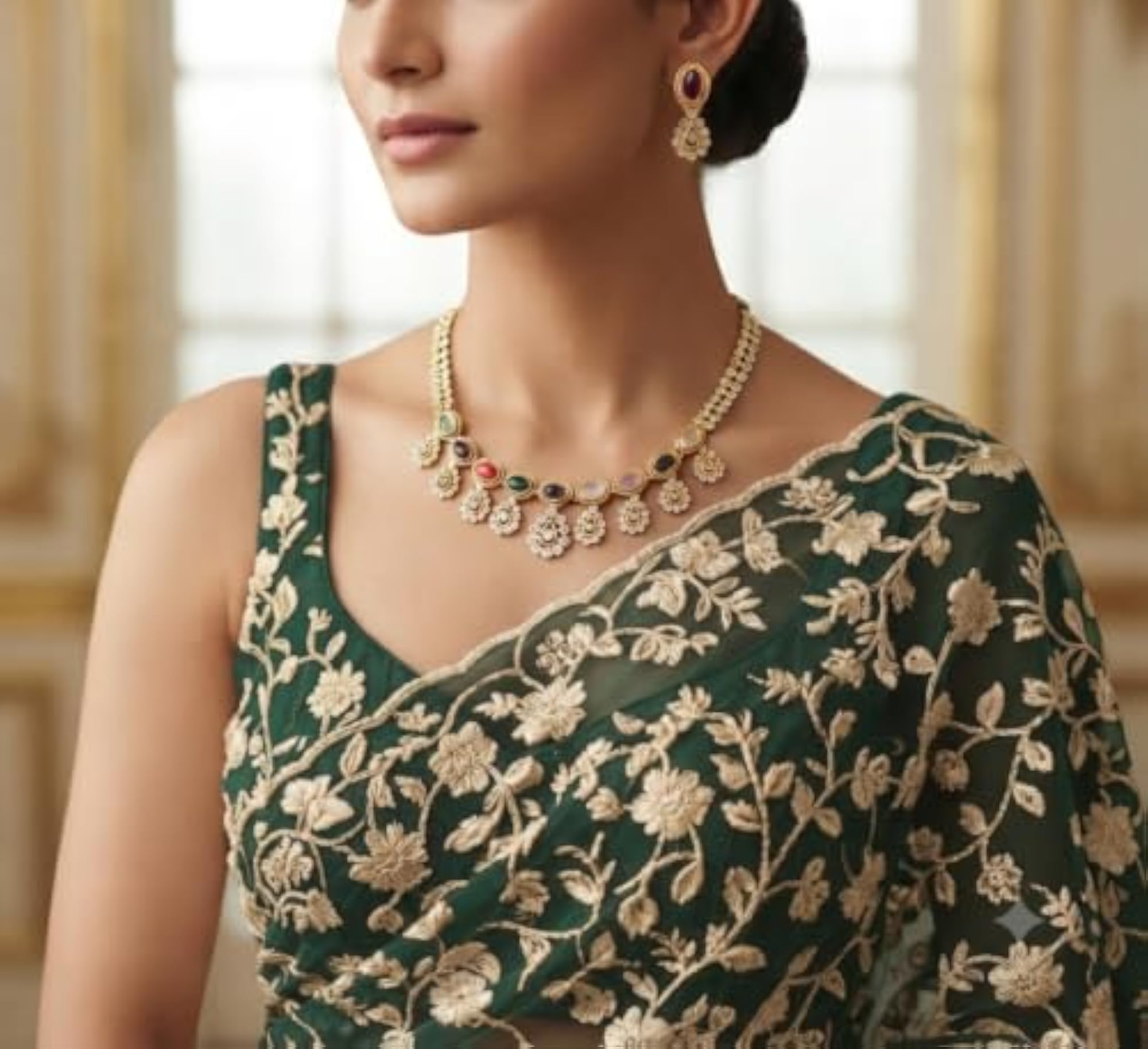 Gold-Tone Necklace and Earring Set with Ruby Stone and Pearls