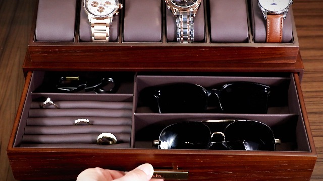 KAMIER Boîte à Montres 12 Fentes En Bois Deux Étages - Écrin Homme Avec Tiroir, Noir