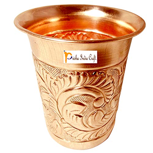 Prisha India Craft Designer Pure Copper Glass Tumbler, Drinkware Set, Capacity 300 ML, 1 Piece, (Brown)