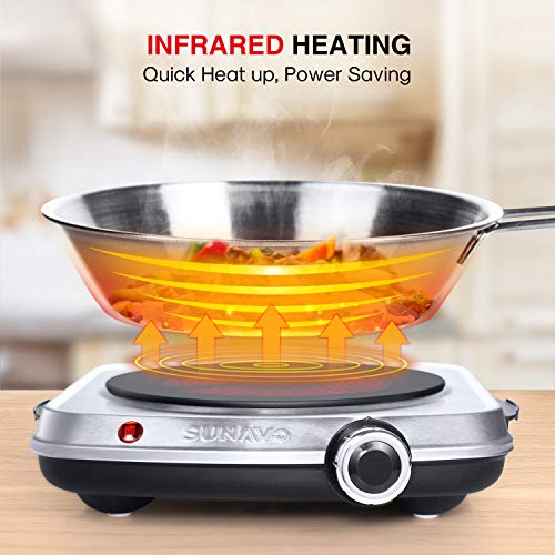 SUNAVO Electric Infrared Burner, 1200W Ceramic Glass Hot Plate, 6 Power Levels Stainless Steel Single Burner for Kitchen Camping RV and More Silver