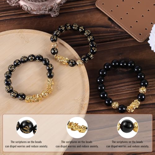 3pcs Wealth Bracelets, Imitation Obsidian Good Luck Bracelet with Chinese Mythical Beasts Charms for Protection Bring Luck & Wealth Gold and Black Beaded Jewelry Gift for Men Women3