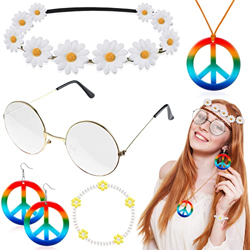 Costume hippie marguerite lot 6 pièces avec bijoux signe de la paix pour femme
