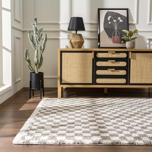 Image of Hauteloom Pixel Contemporary Checkered Fluffy Shag Area Rug - Modern Geometric Soft Carpet Tiles for Living Room, Kids Room, Nursery - Gray, Light Grey, White - 6'7 inch x 9'