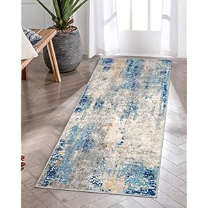 Lahome Modern Abstract Laundry Rug Runner, 2×4.3 Washable Throw Carpet Runner for Entryway, Soft Non-Slip Indoor Mat Runner Rug for Kitchen Master Bedroom Living Room Seat Door, Blue/Yellow/Ivory