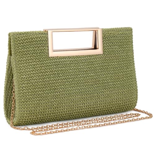 Image of Women's Straw Raffia Clutch Purse, Top Handle Woven Handbag with Crossbody Strap, Summer Beach Shoulder Bag