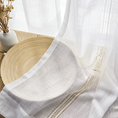 Maison Colette Linen Sheer Curtains for Living Room, Rod Pocket Window Treatment Linen Texture Voile Transparent Drapes for Bedroom 2 Panels,52″ Wx95 L,White