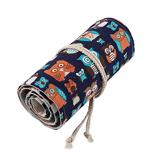 Image of Surblue Canvas Pencil Case Pencil Roll Wrap with 72 Slots Coloring Pencil Holder Organizer Paint Brush Storage Pouch Portable for Artist, Writer (Navy Owl