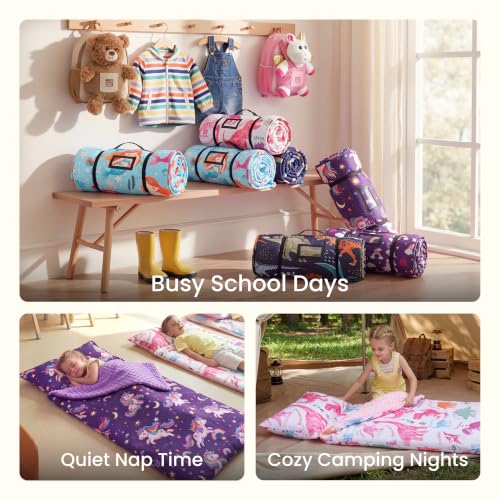 Image of JOIEDOMI Toddler Nap Mat with Removable Pillow and Minky Blanket 55''x30'' Kids Sleeping Bag for Boys and Girls Ages 3-6 Roll Up Soft Nap Mats for Preschool Kindergarten Daycare Sleepover