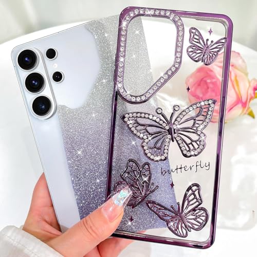 Image of Elzzi Electroplated Butterfly Phone Cover for Samsung S26 Ultra Case, Showcasing Pearlescent Diamond Soft TPU, Camera Protection, Shockproof, Dropresistant Stylish for Girls & Women (Purple)
