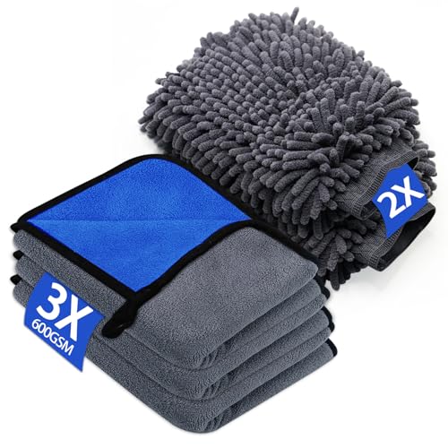 YSWOVUO Kit Pulizia Auto con 3 Pezzi Panno Microfibra Auto e 2 Pezzi Guanto Lavaggio, 600 GSM Panno in Microfibra per Super Assorbenti, Senza Graffi per Cura Moto (40 x 30 cm)