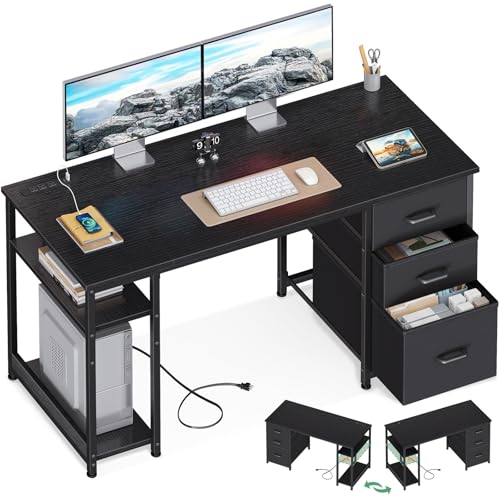 AODK 51 Inch Computer Desk with Fabric Drawers & USB Power Outlets, Reversible Home Office Desk with Storage Shelves, Work from Home, Modern Work/Writing/Study Table for Bedroom, Black