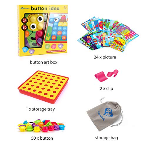 Fansteck Button Art Educational Toys for Toddlers, Color Matching Toddler Arts and Crafts, Include 24 Pictures and 50 Buttons with a Storage Bag, Ideal Birthday for Age of 3 4 5 6