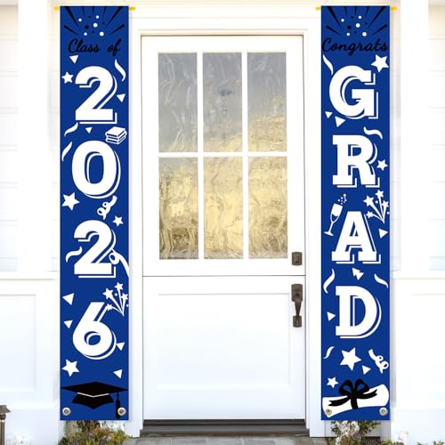 Image of Graduation Porch Banner Class Sign Congrats Grad Hanging Flags High School College University Party Decoration For Front Door Outdoor Blue White