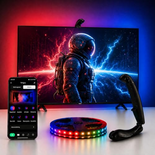 QTU TV LED Backlight with Sensor, LED Sync Lights for TV 55-65 Inch, Smart Camera Sync to Screen, Ambient RGB Strip Lights for Gaming & Home Theater, App Control (14.7ft)