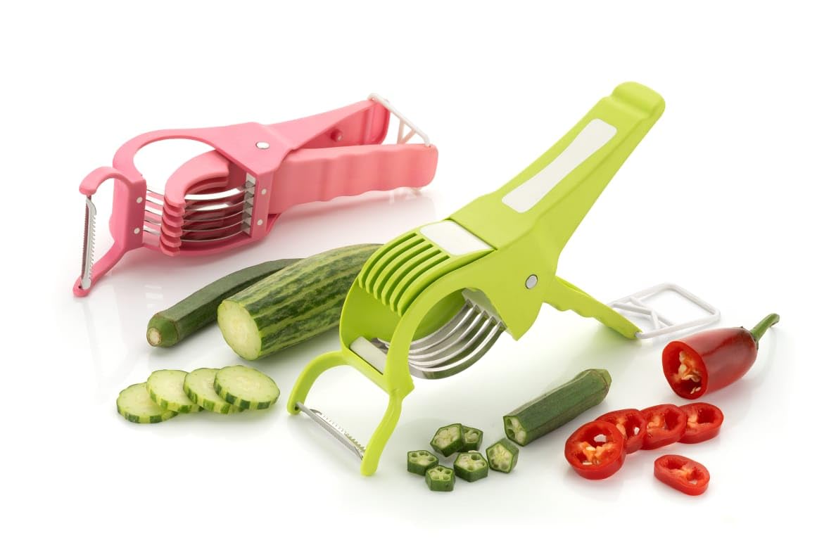 Clazkit Pack of 2 Plastic 2 in 1 Vegetable & Fruit Multi & Peeler, Veg Sharp Stainless Steel 5 Blade Vegetable Cutter with Peeler (Multi)-picture-30