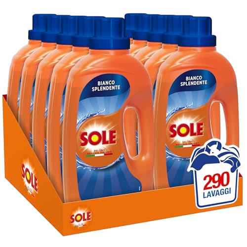 Sole Detersivo Lavatrice Liquido Bianco Splendente 290 Lavaggi, Formula Igienizzante, 10 Confezioni da 29 Lavaggi