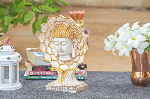 Image of Resin Meditating Flower Buddha Head Statue Calm Sun Face Showpiece Figurine for Home Decor (White Golden), Standard