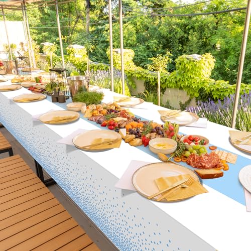 Image of MASHAN 6Pcs White and Light Blue Polka Dot Plastic Rectangular Tablecloths, 54x108 Inch, Spill Resistant, Perfect for Birthday, Wedding, Graduation Parties