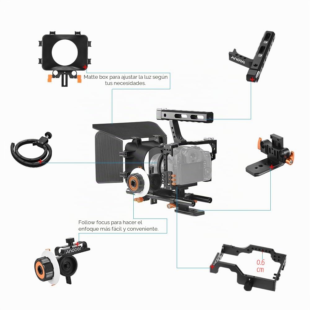 Andoer Kit de montaje para cámara C500 de aleación de aluminio con jaula de cámara, Matte Box+, seguimiento, Follow Focus, mango + 15 mm de Rod