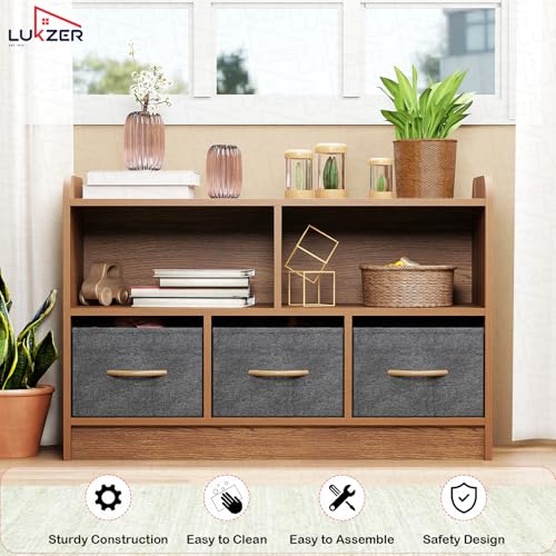 Image of Lukzer MR-025 2-Layer Bookshelf in Oak Brown, Engineered Wood & Fabric Organizer with 5 Sections & 3 Drawers for Home, Office, Kitchen, Corridor & Classroom (90x60x30cm)