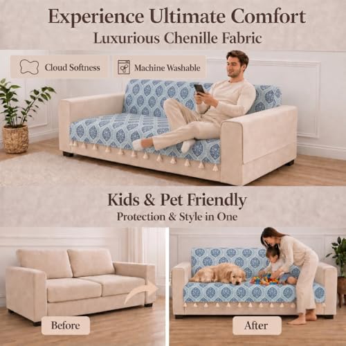 Image of STITCHNEST 'Eden Weaves Collection Series' 3 Seater Sofa Cover| Elegant Woven Fabric, Decorative Tassels, Washable & Durable for Modern Living