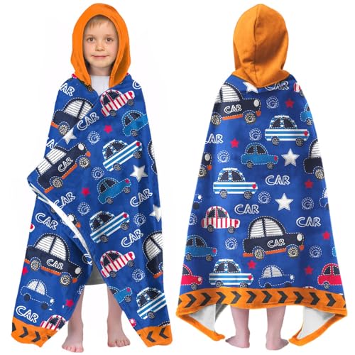 Image of Engineering Vehicle Boys Beach Towel with Hoodie for Kids Toddlers Age 4-8,Car Blue Bath Towels Shower Wrap for Boys, Hooded Poncho Beach Blanket for Pool Swimming Cute Wearable Bath Towel for Child