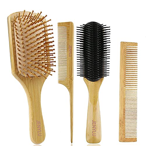 Cepillo de Pelo natural de bambú, Antiestático Scalps Friendly Reducir Frizz Masaje durable gran Paddle hairbrush Herramienta para hombres y mujeres pelo largo grueso y rizado Juego de 4 cepillos Cover