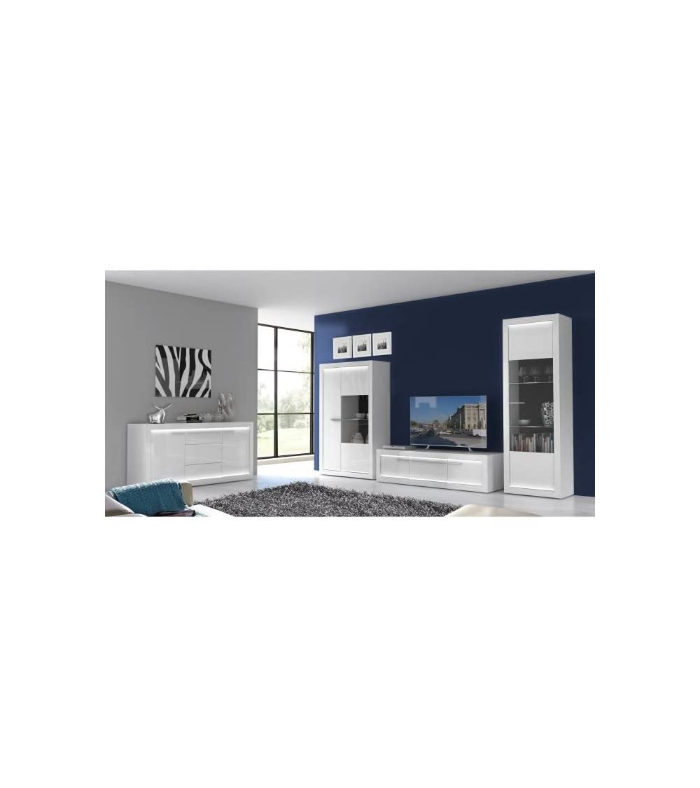 FORTE L-Light Vitrine mit 1 Glastür, Holzwerkstoff, Weiß mit Weiß hochglanz, B x H x T: 63,3 x 195,2 x 41,3 cm