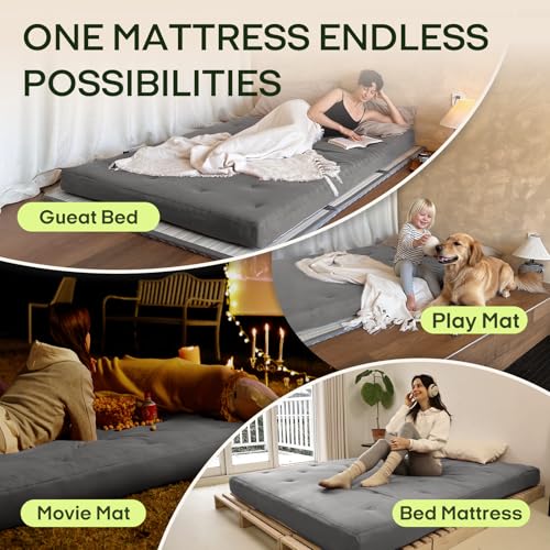 Image of ZonLi Japanese Floor Futon Mattress Full Size 54 inchx 75 inch,100% Cotton Cover 6'' Thicken Tatami Mattress,Foldable Sleeping Pad,Portable Dormitory Tatami Mat,Roll Up Floor Lounger Bed for Adult (Grey)