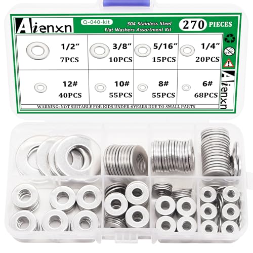 Aienxn Q-040-KIT 270Pcs 8 Sae Sizes 304 Stainless Flat Washer Assortment Kit-1/2 cover